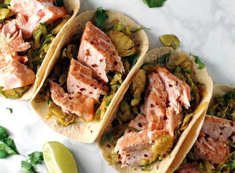 Salmon and Shredded Brussels Sprout Tacos